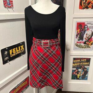 Vintage 80s Red Plaid Skirt with Belt - Indie, Grunge, Mod